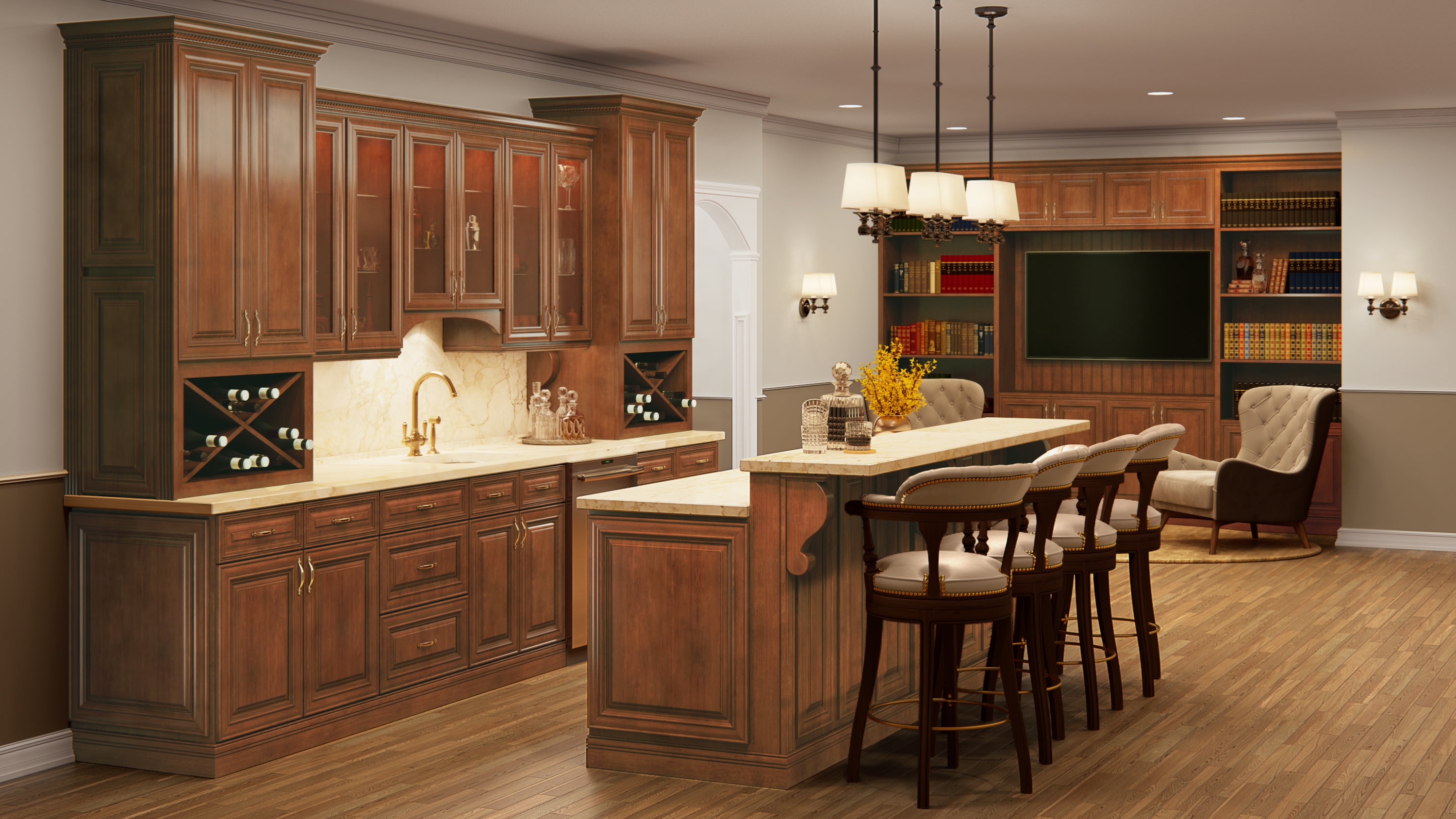 Traditional kitchen with red wooden cabinets, island, and bar stools.