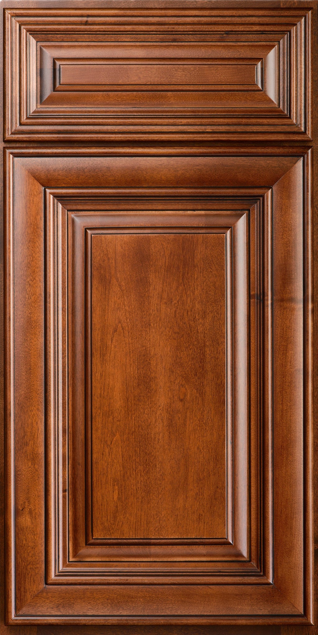 Traditional Wooden cabinet door with a rich red-brown finish and detailed molding