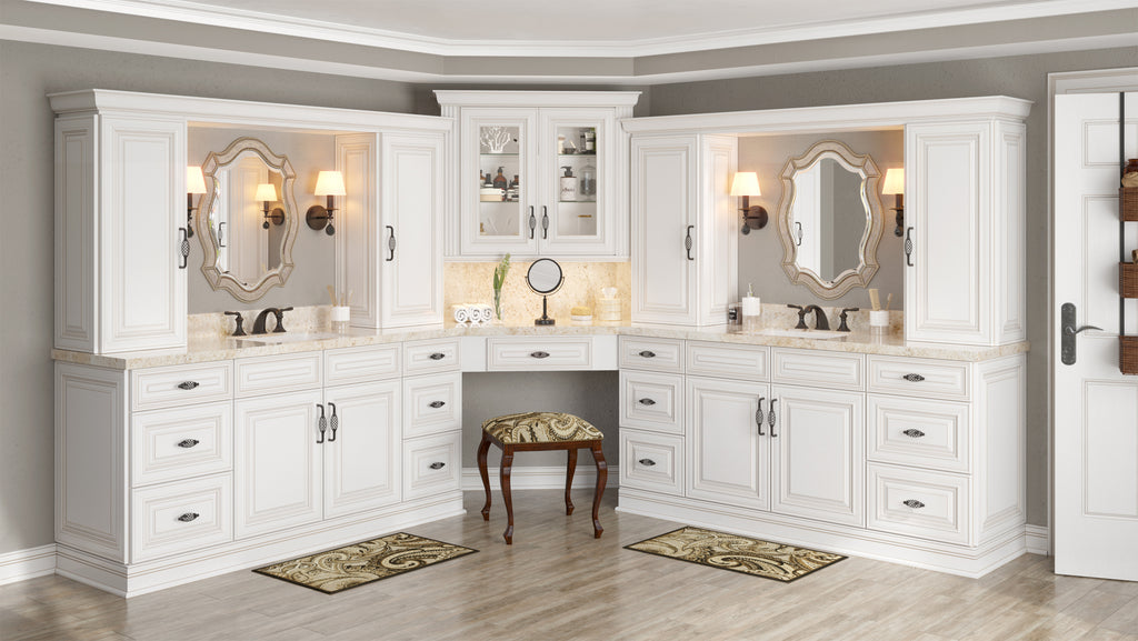 White Traditional bathroom vanity cabinets with mirror, lights, and stool.