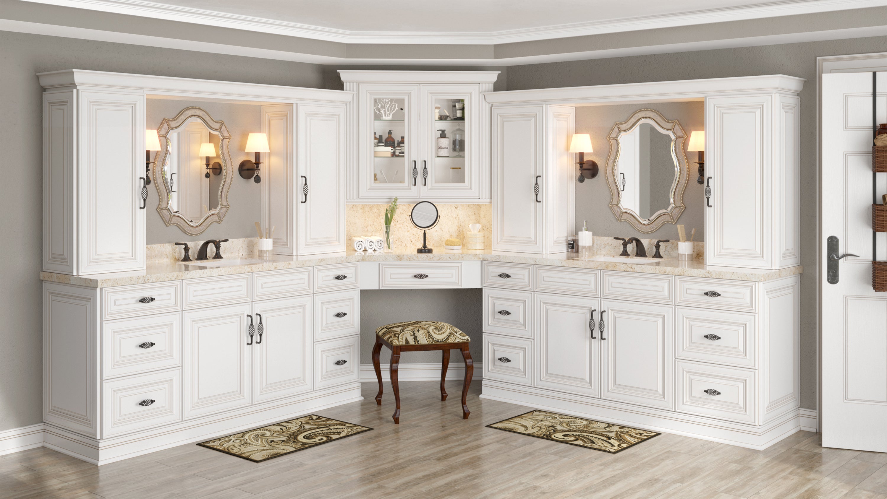 White Traditional bathroom vanity cabinets with mirror, lights, and stool.