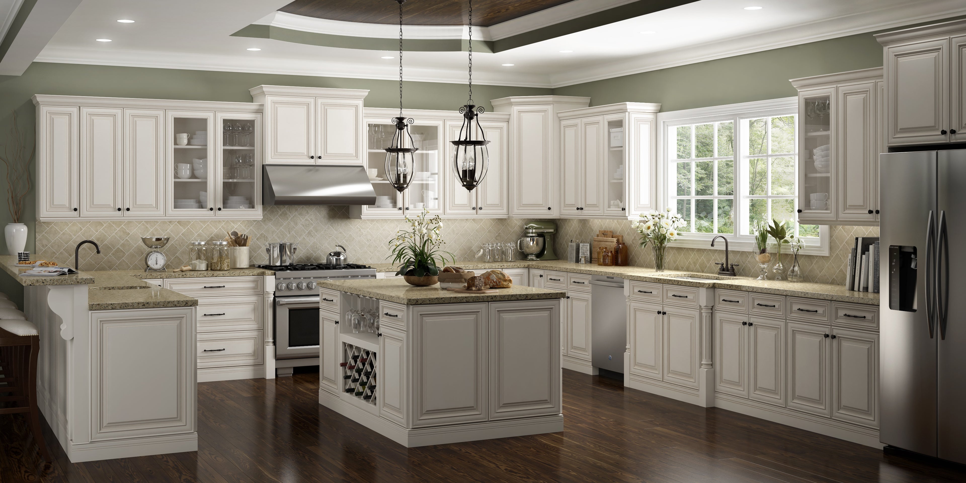 Traditional kitchen with white cabinets, stainless steel appliances, and a large island.