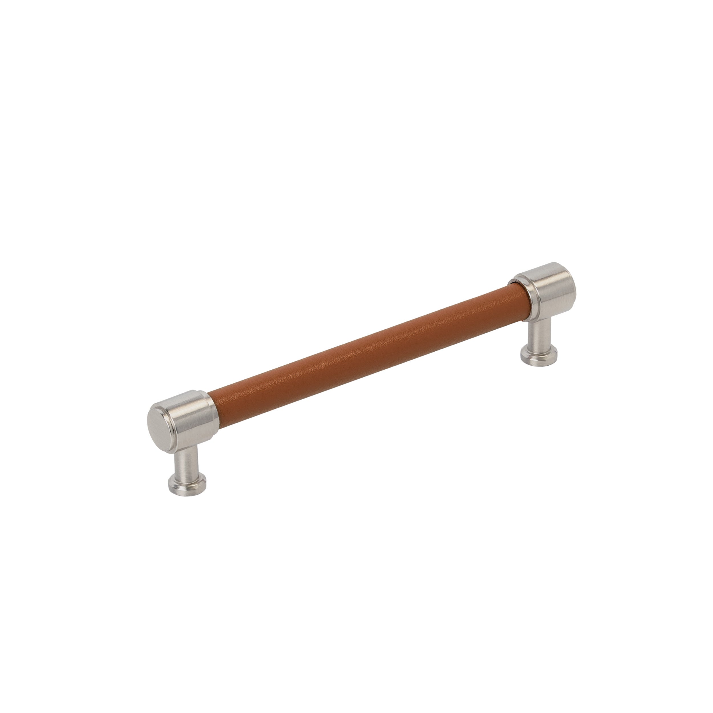 Fairlane 6-5/16 inch (160mm) Center-to-Center Cognac Leather/Satin Nickel Cabinet Pull