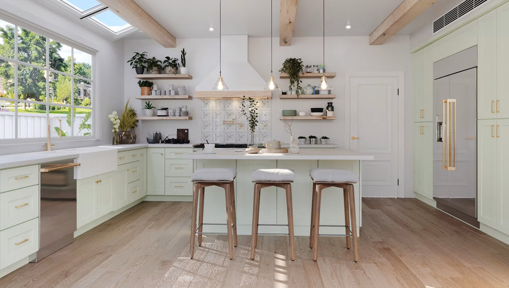 Modern kitchen with light green shaker cabinets, wooden floor, and stainless steel appliances.