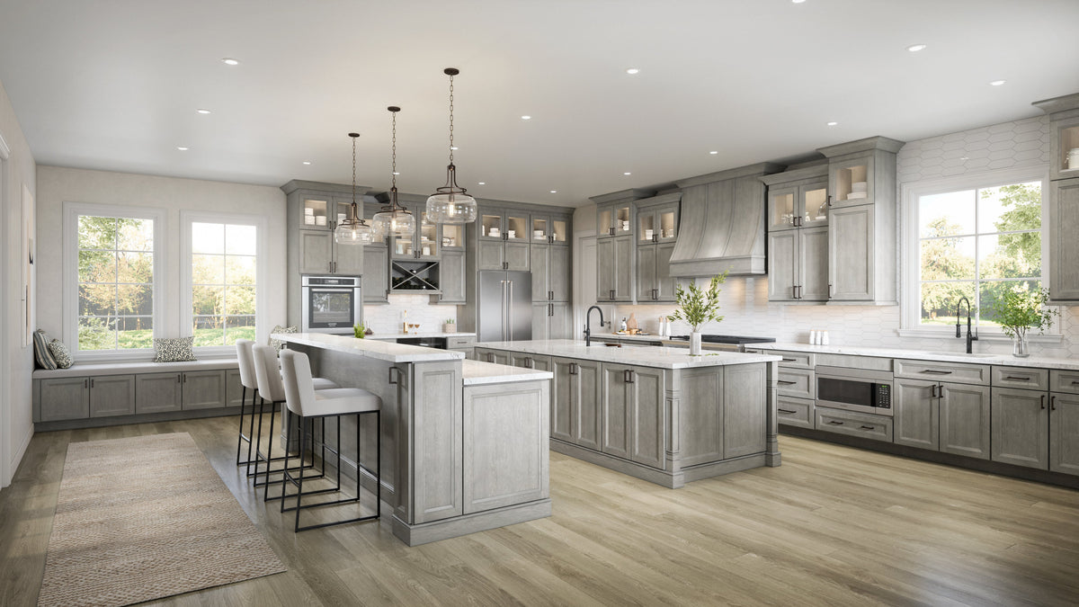 Modern kitchen with gray HAVEN cabinets, white countertops, and stainless steel appliances.