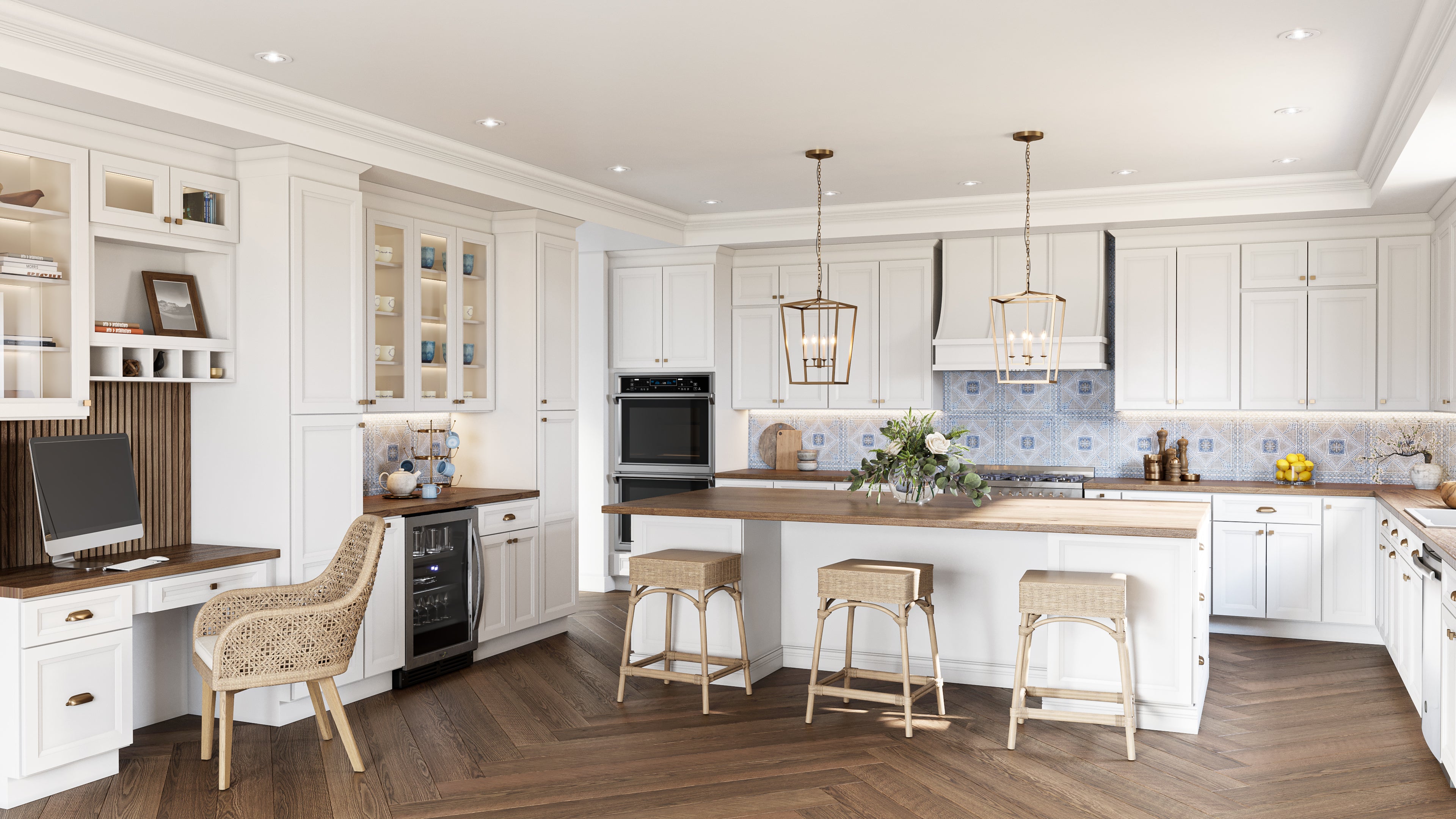 Modern kitchen with oxford white cabinets, wooden countertops, and a desk area.