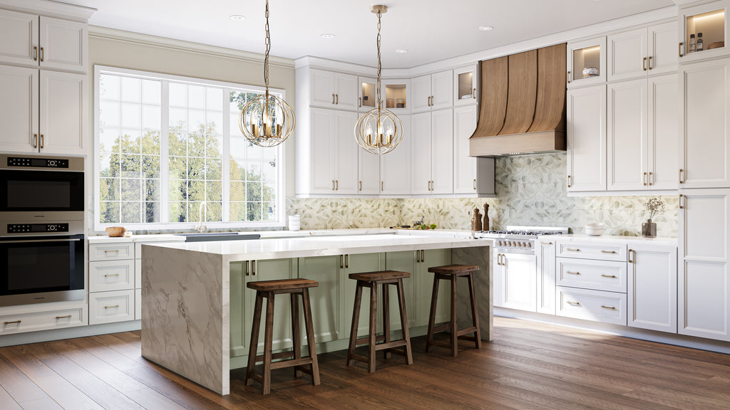 Modern kitchen with white cabinets, Green island, and marble counter tops.