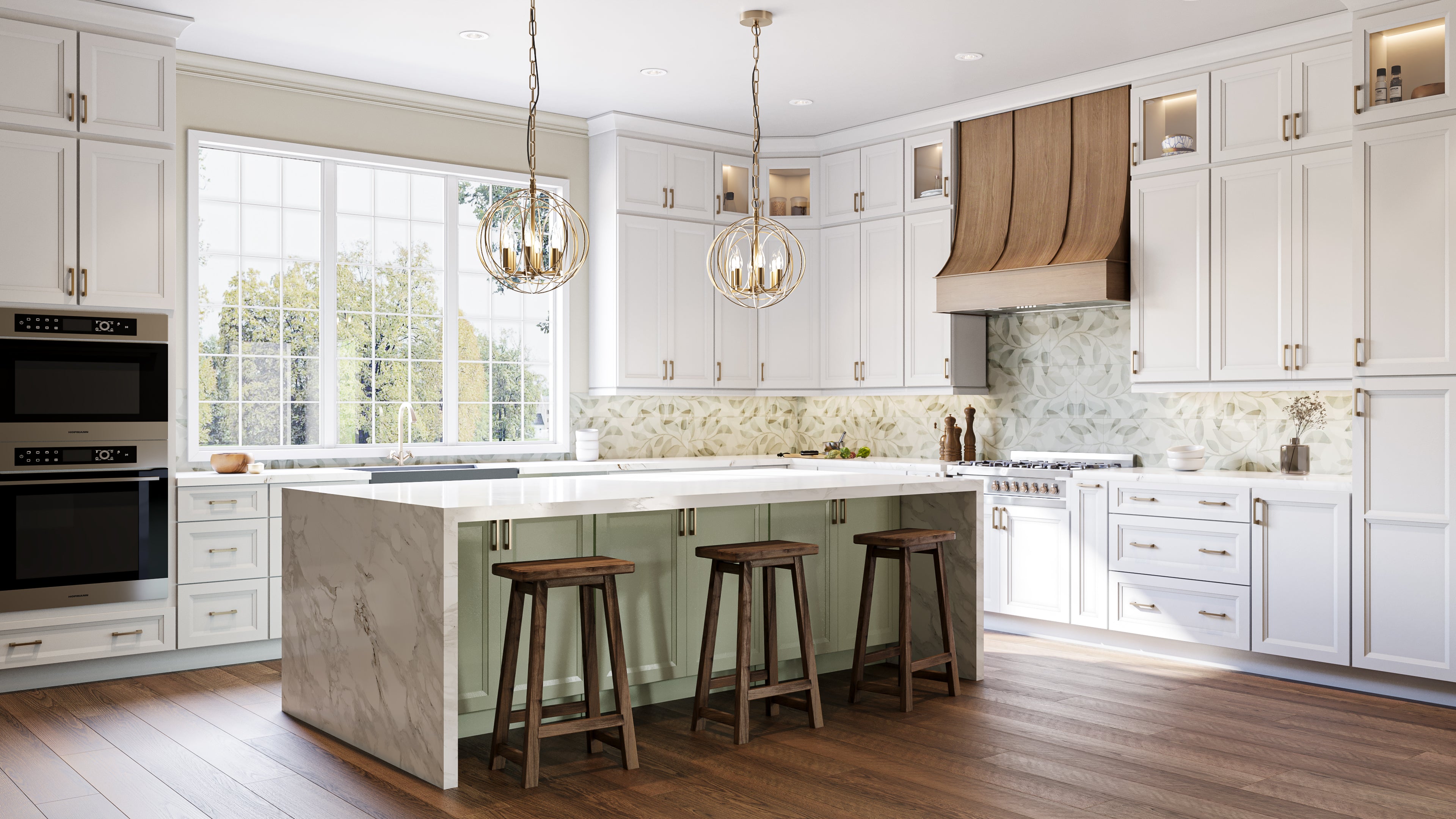 Modern kitchen with white cabinets, Green island, and marble counter tops.