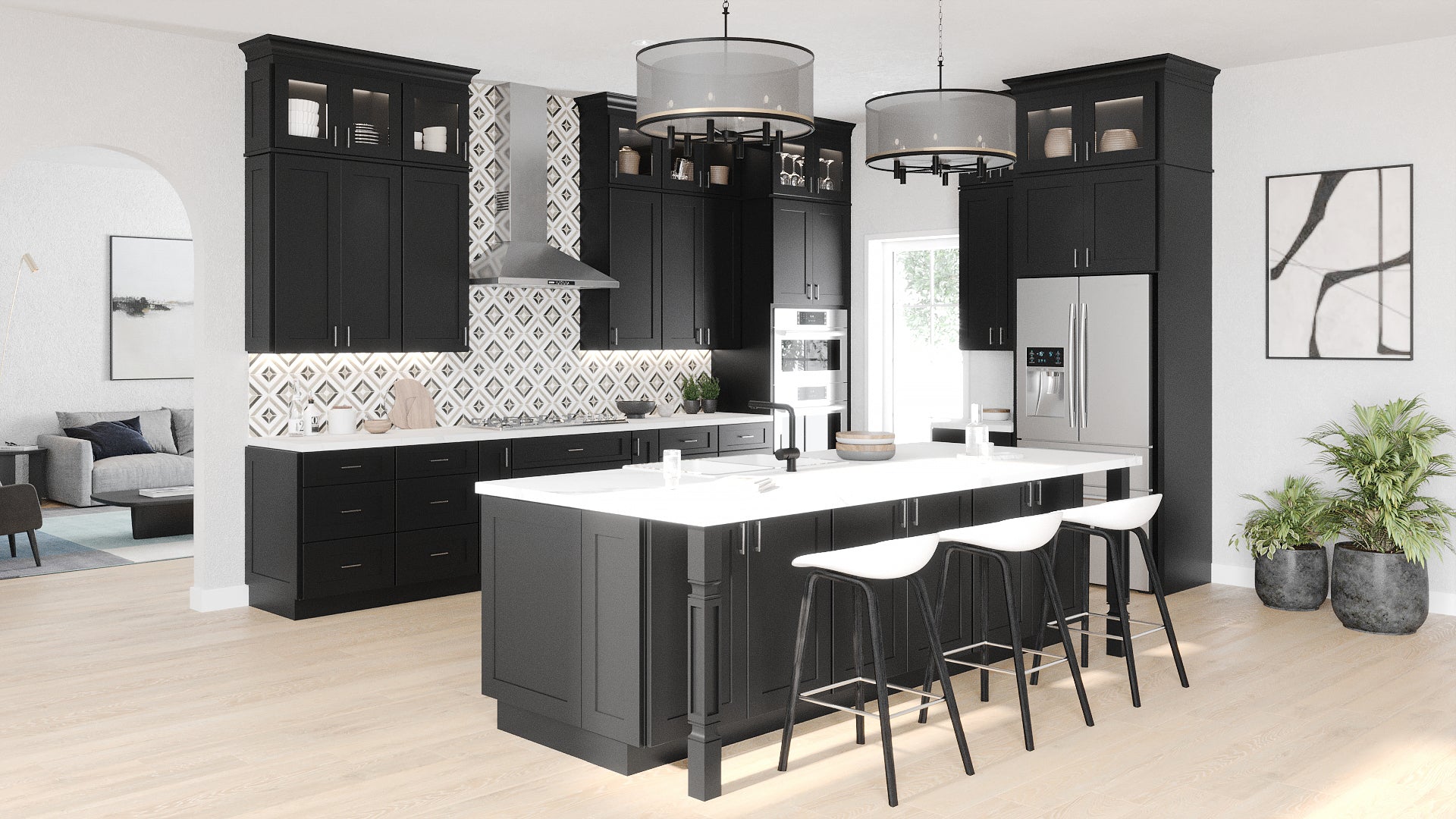 Modern shaker kitchen with black cabinets, white countertops, and stainless steel appliances.