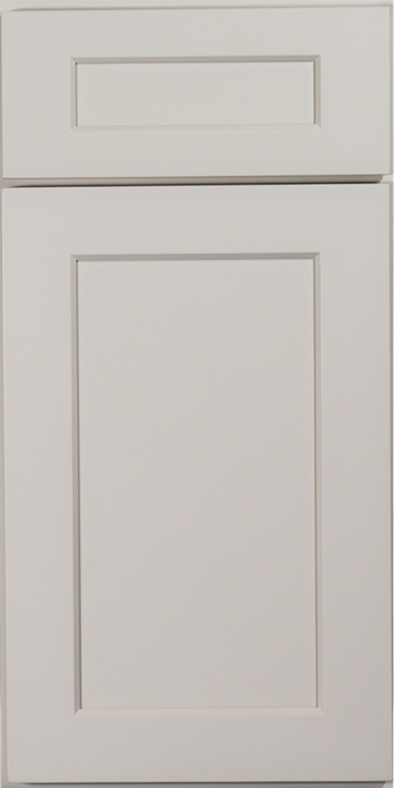 Off white cabinet door with a modern shaker rectangular panel design