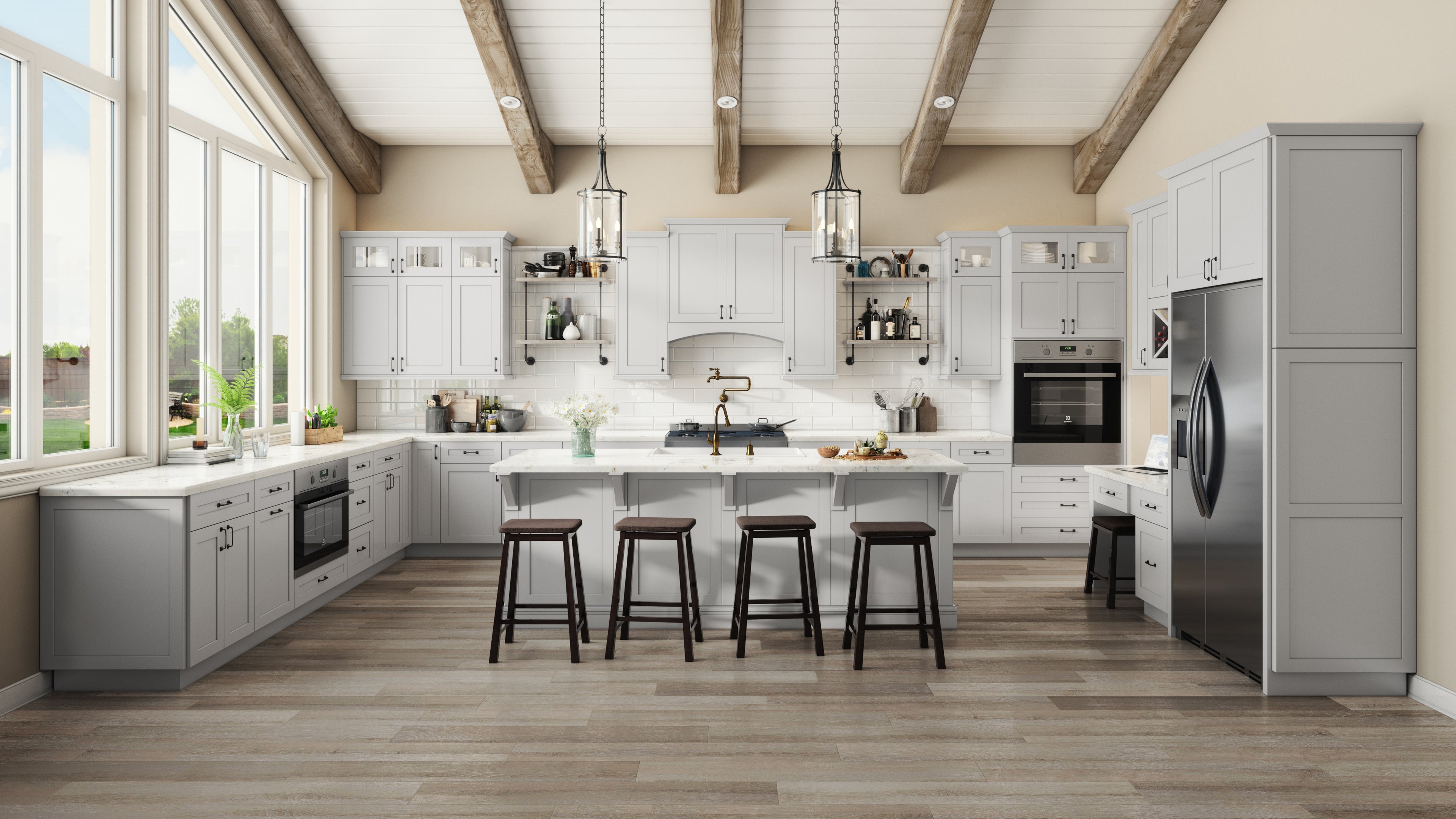 Modern shaker kitchen with white cabinets, stainless steel appliances, and wooden flooring.
