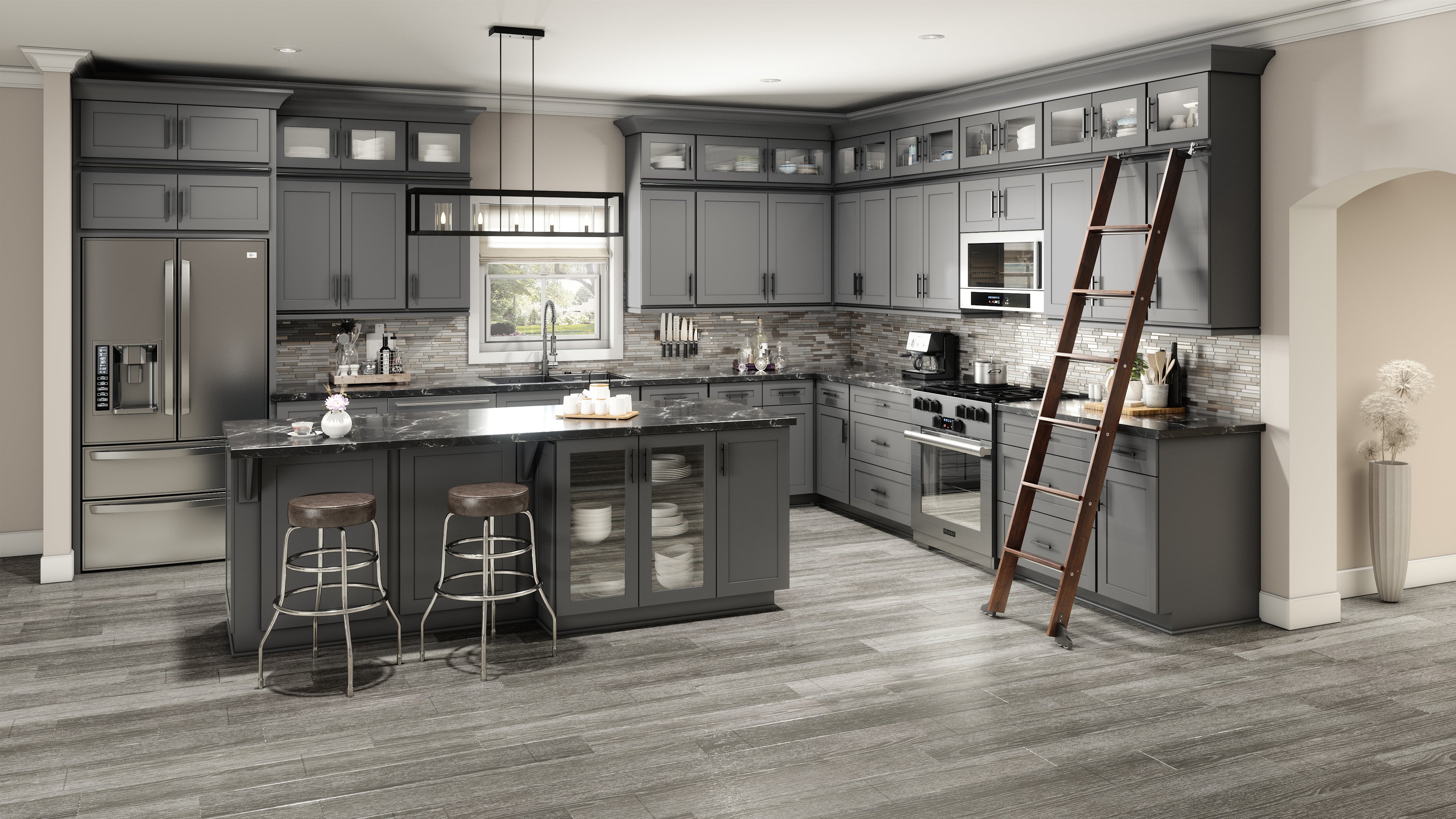 Modern kitchen with gray cabinets, island, and appliances.