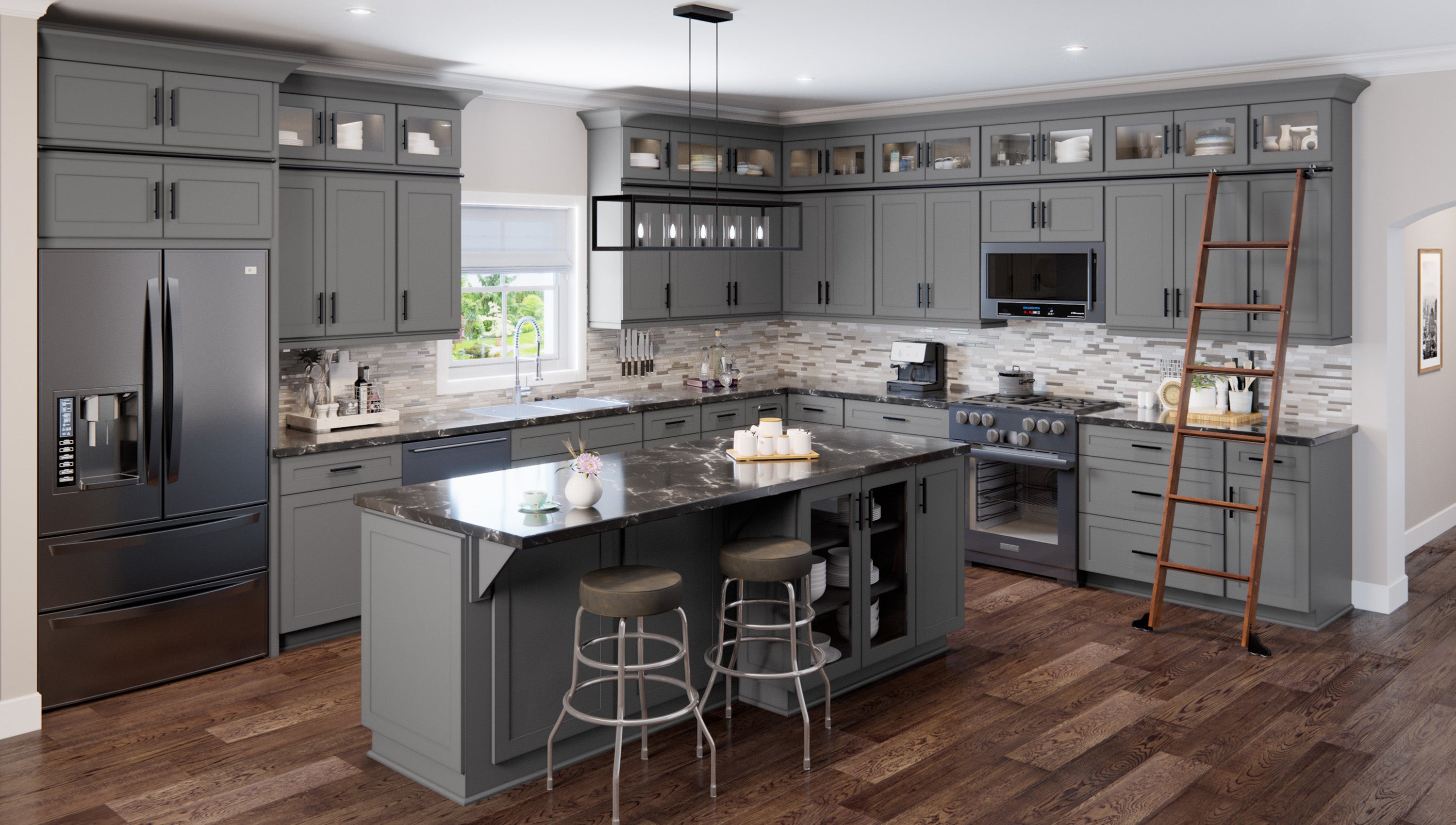 Modern kitchen with gray shaker cabinets, island, and appliances.
