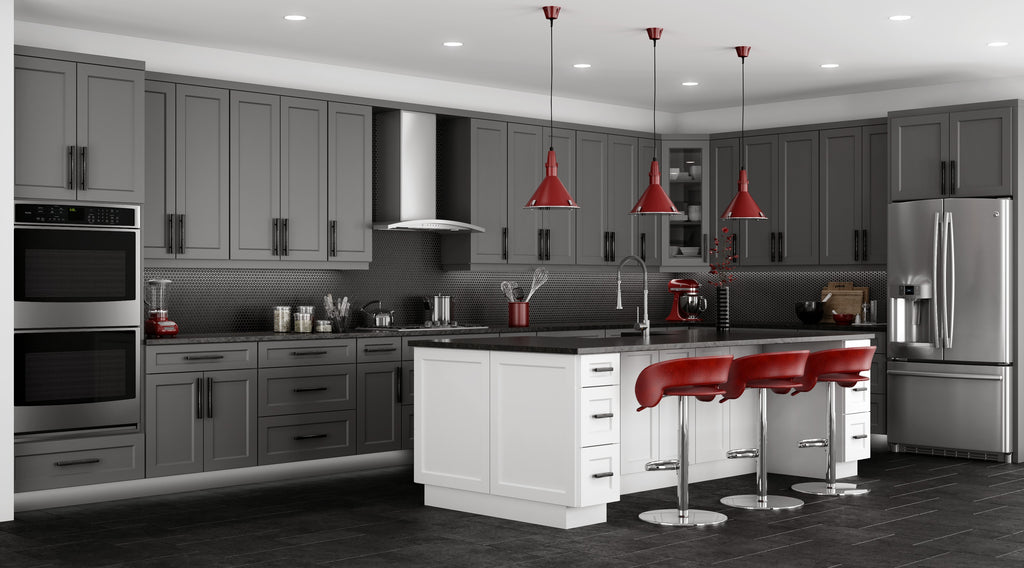 Modern kitchen with gray cabinets, stainless steel appliances, and red pendant lights.