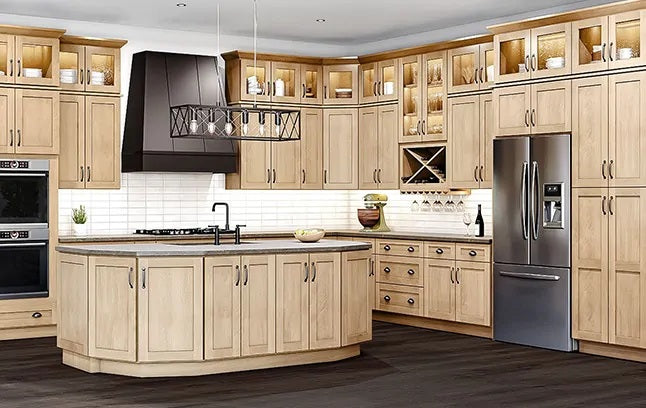 Modern kitchen with wooden cabinets, stainless steel appliances, and a tiled backsplash.