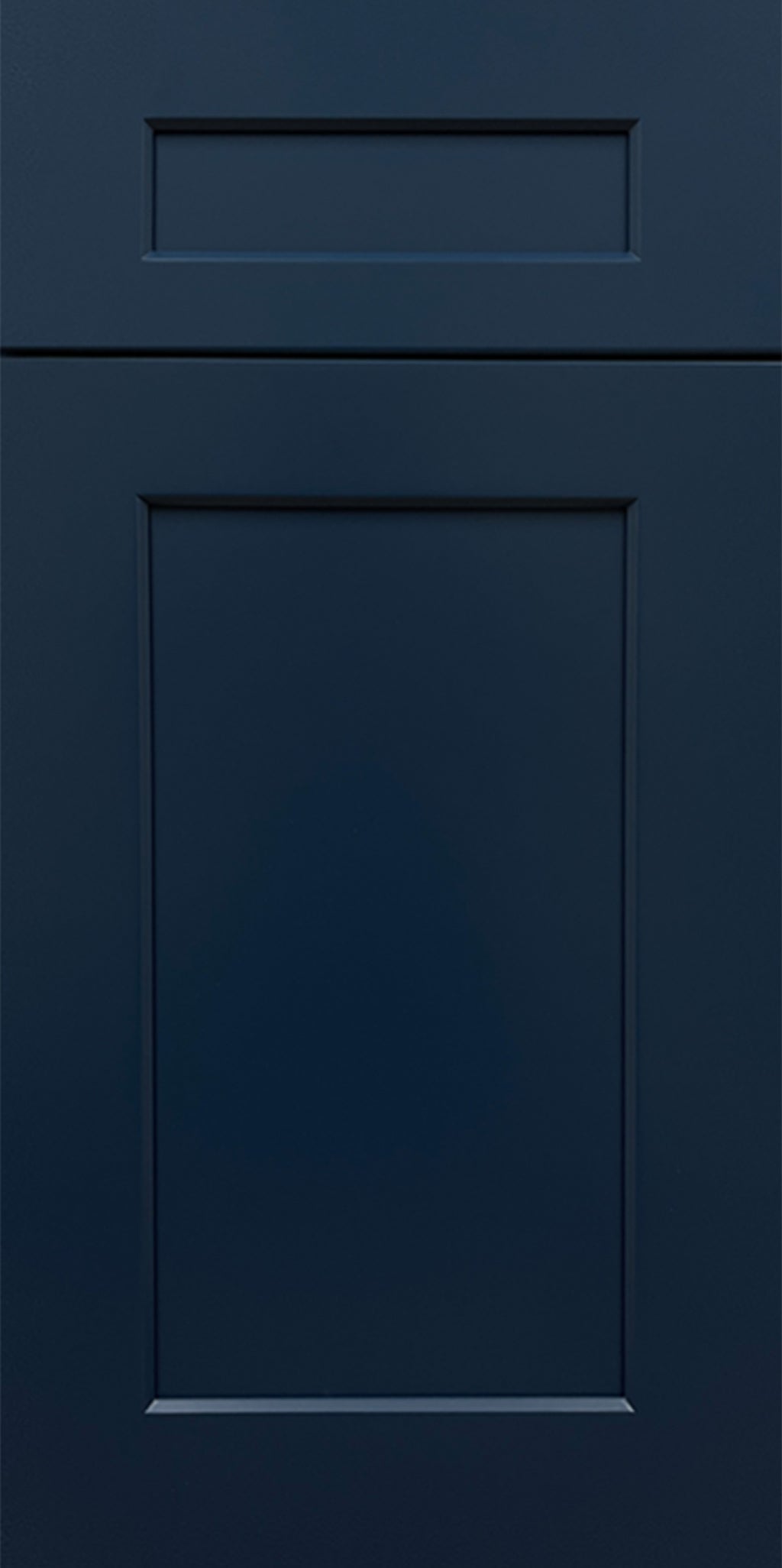 Navy blue cabinet door with a modern shaker rectangular panel design