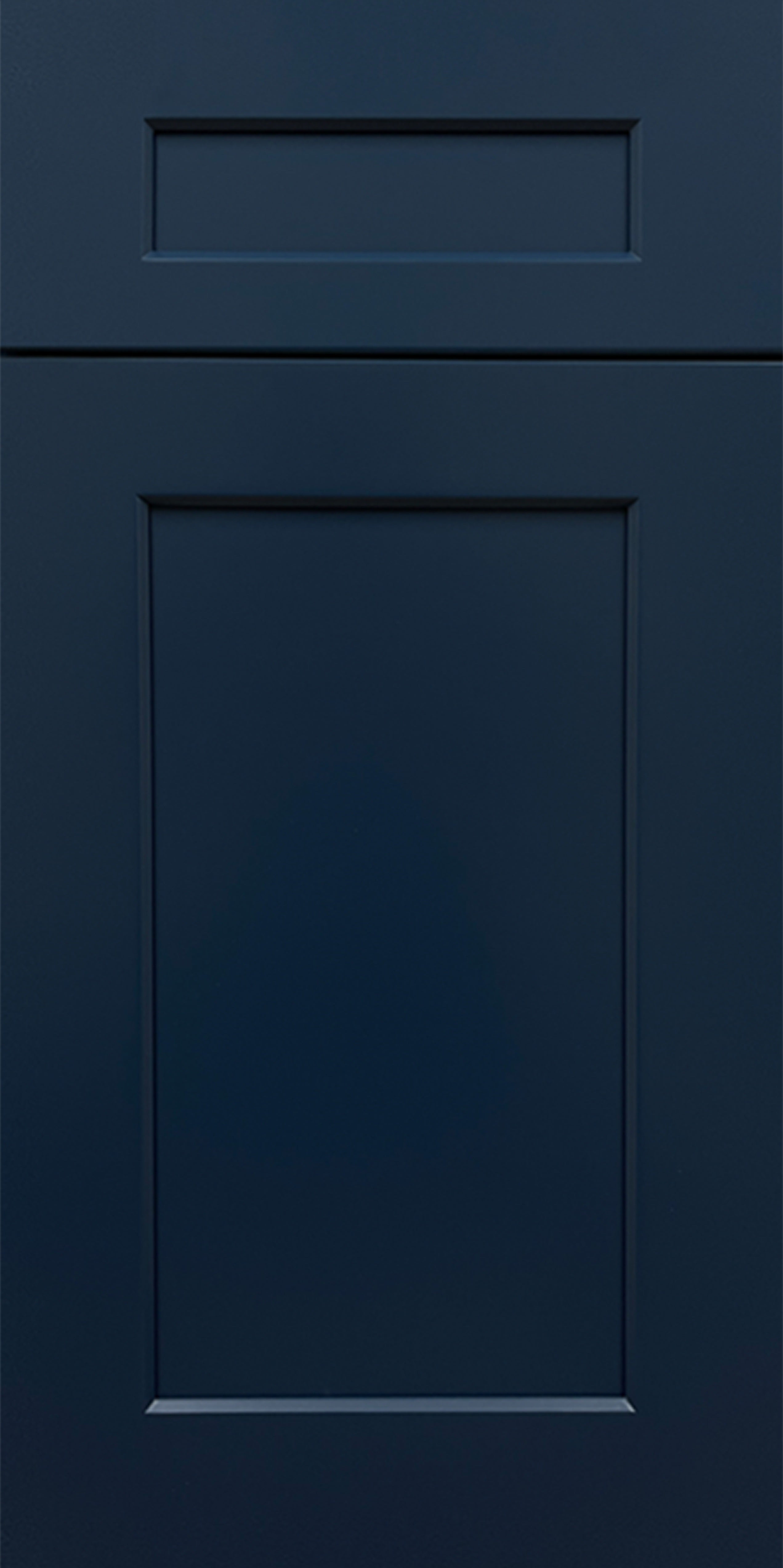 Navy blue cabinet door with a modern shaker rectangular panel design