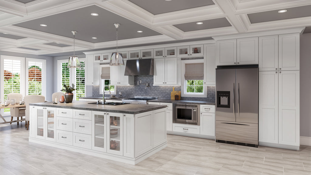 Modern shaker kitchen with white cabinets, stainless steel appliances, and a coffered ceiling.