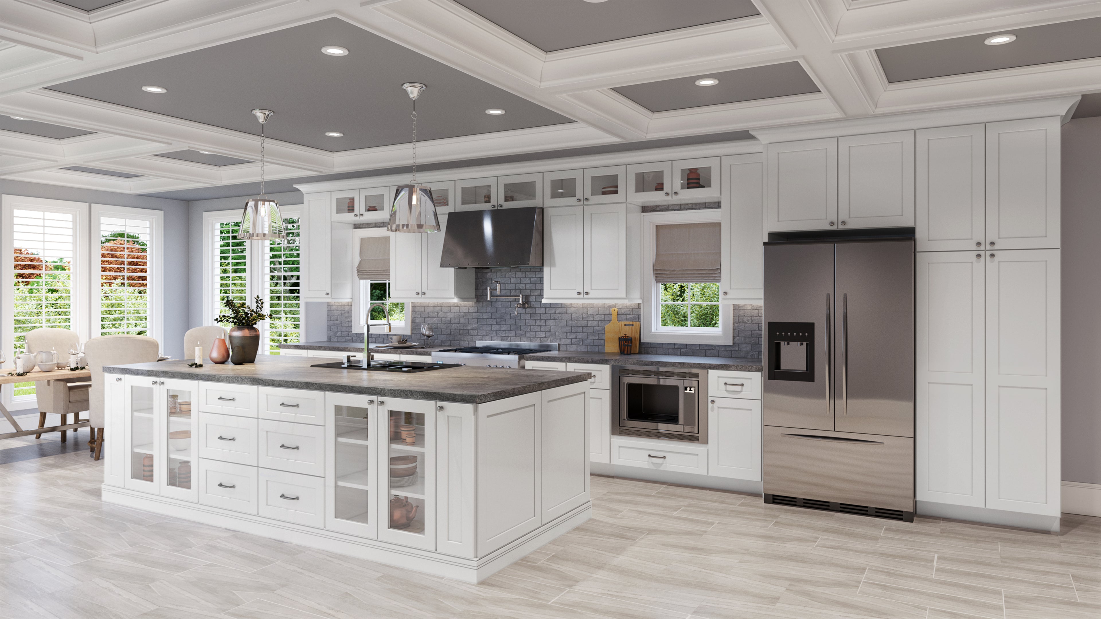 Modern shaker kitchen with white cabinets, stainless steel appliances, and a coffered ceiling.