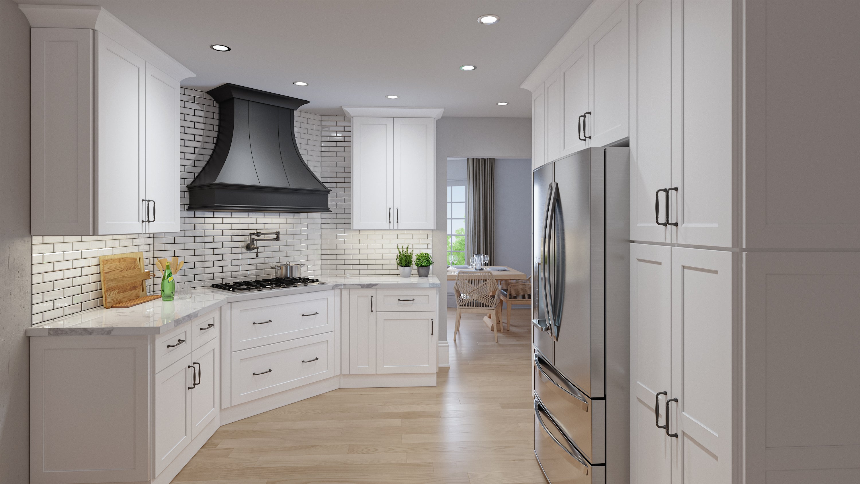 Modern kitchen with white cabinets, stainless steel appliances, and a view into another room.