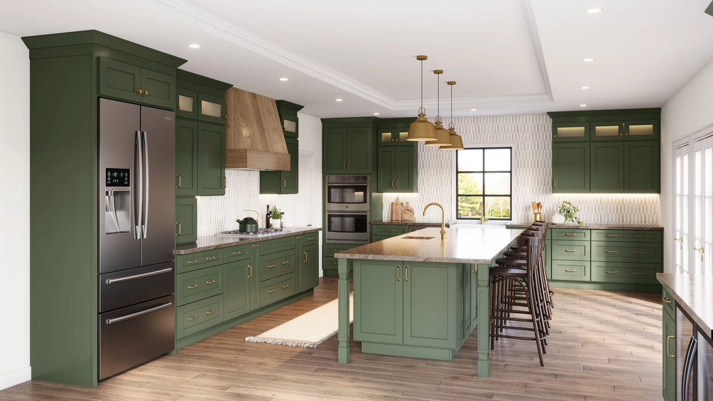 Modern shaker kitchen with green cabinetry and stainless steel appliances.