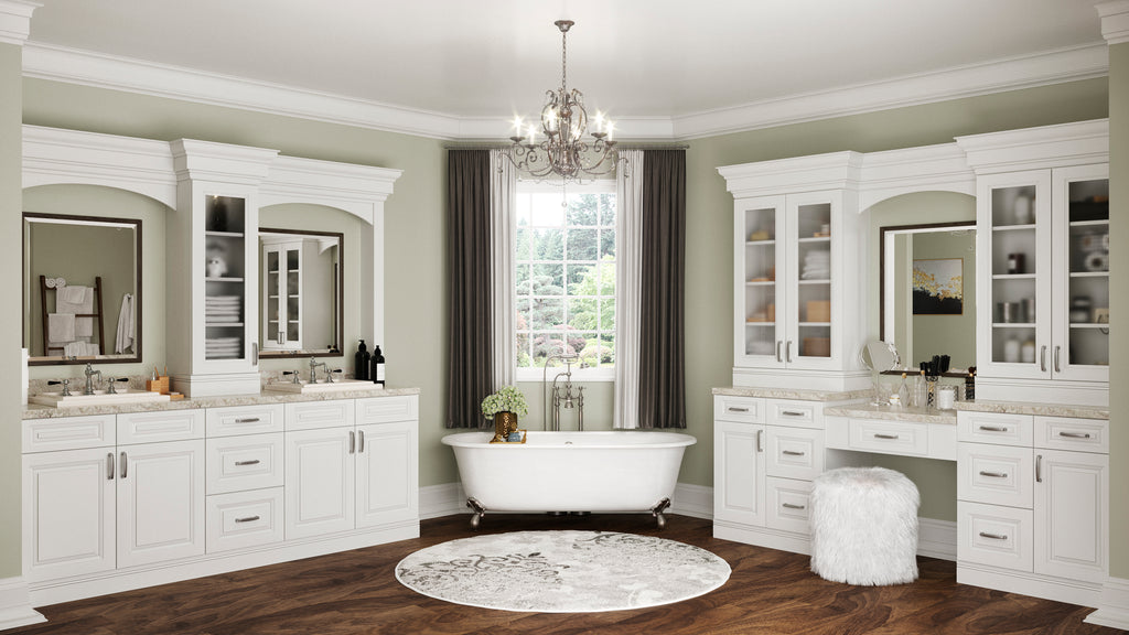 Luxurious bathroom with white shaker cabinets, freestanding bathtub, and large windows.