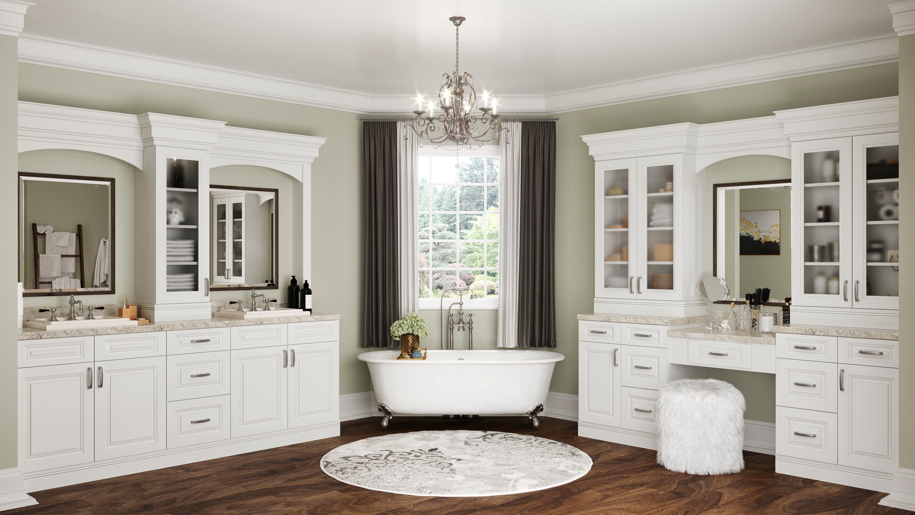 Luxurious bathroom with white shaker cabinets, freestanding bathtub, and large windows.