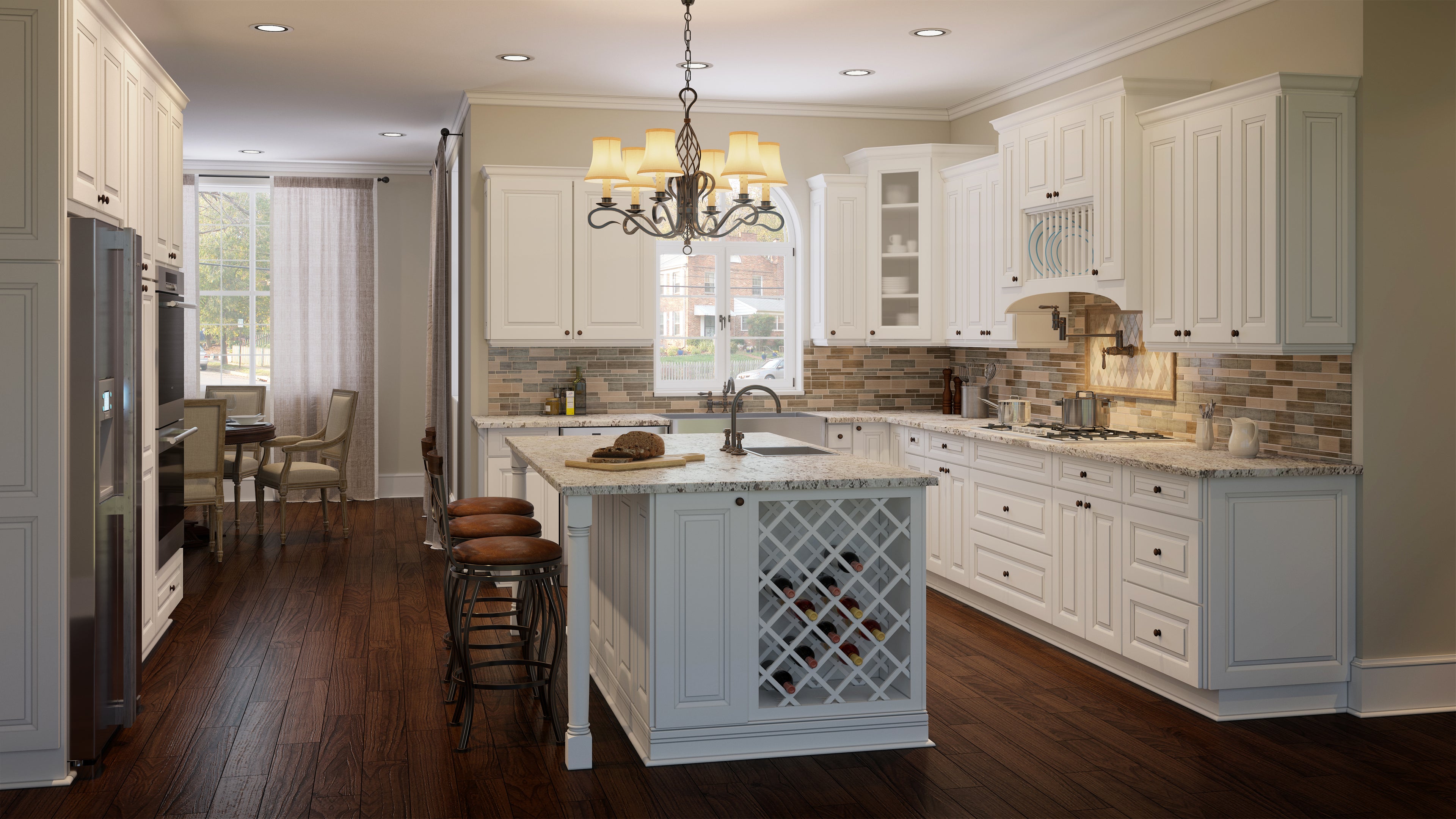 Raised modern kitchen with white cabinets, island, and wooden flooring.