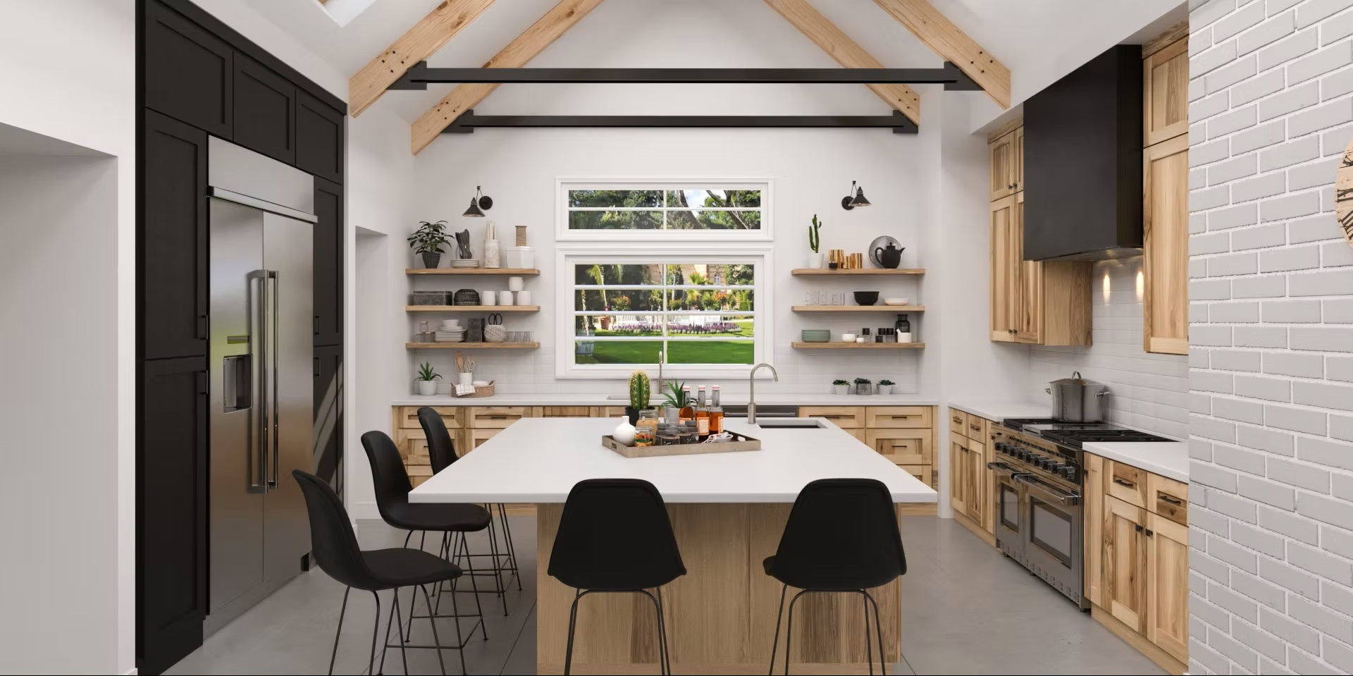 Modern kitchen with white countertops, wooden cabinets, and black appliances.