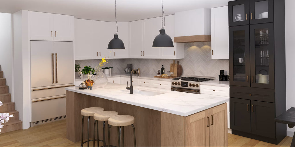 Modern kitchen with white cabinets, black pendant lights, and a maple cabinet island.