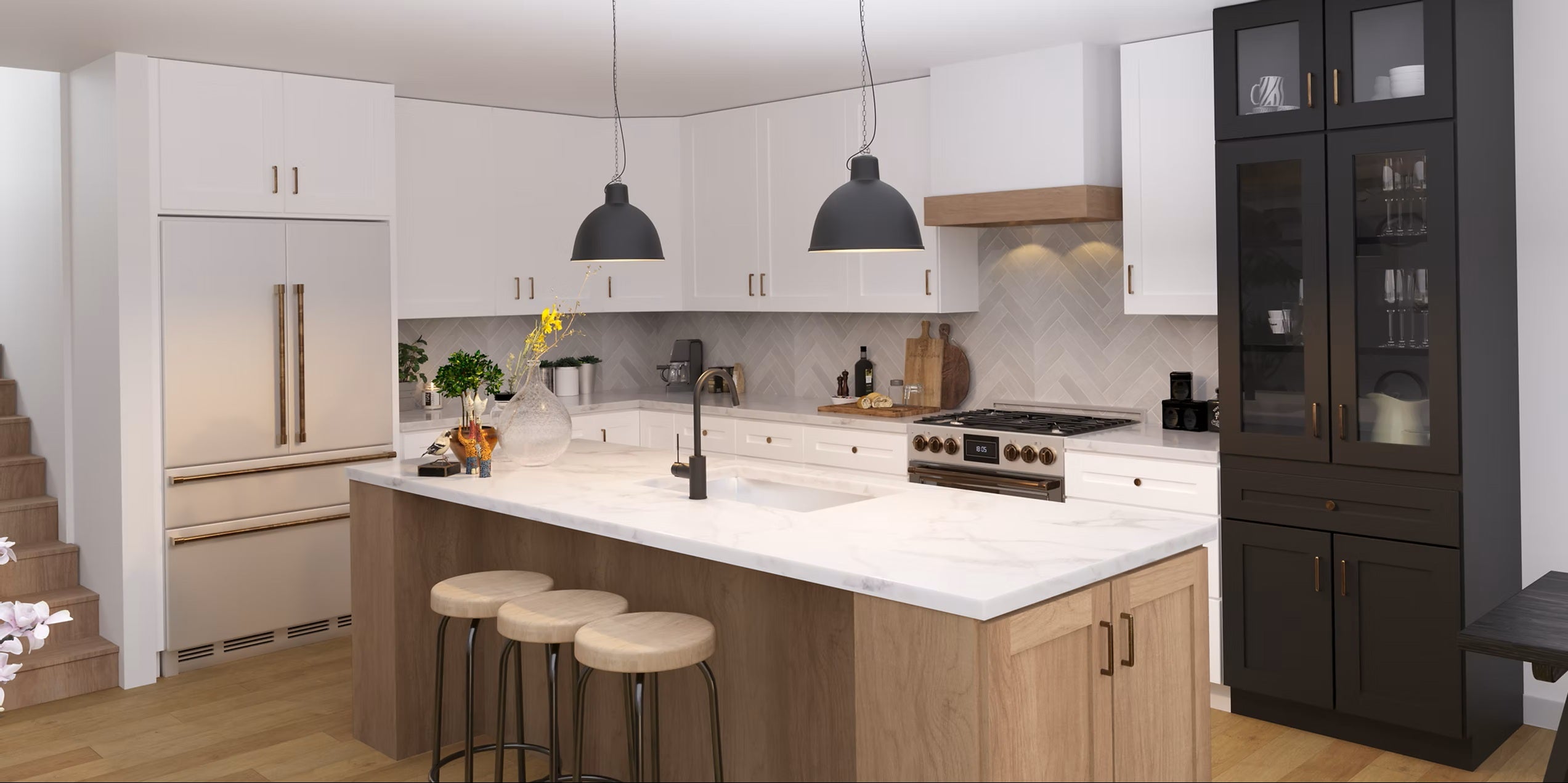 Modern kitchen with white cabinets, black pendant lights, and a maple cabinet island.