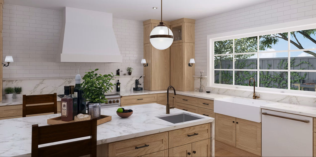 Modern kitchen with wooden oak cabinets, white countertops, and large windows.