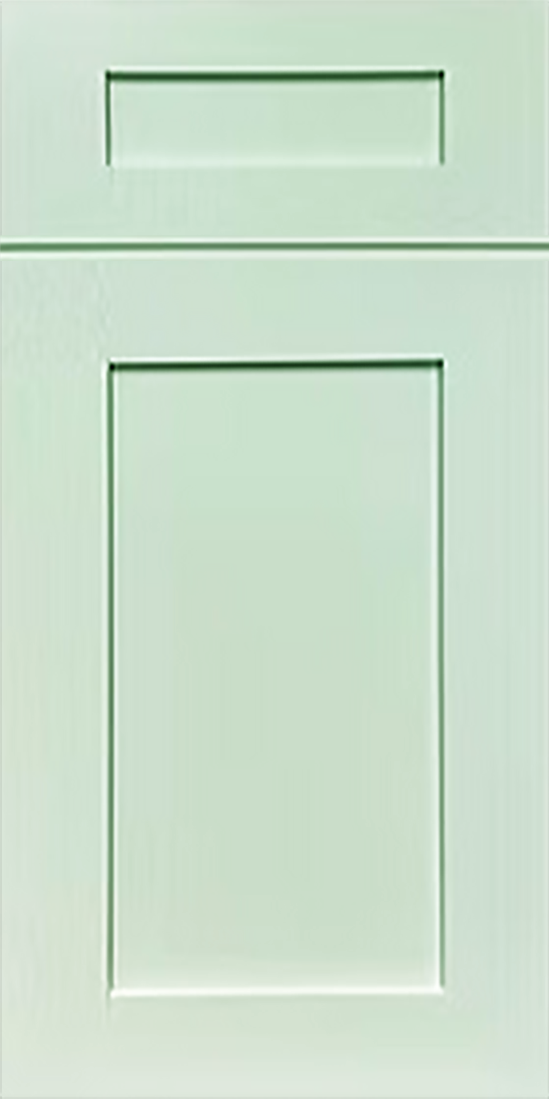 Light green shaker cabinet door with a rectangular panel design
